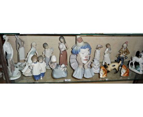Lladro large sad clown, Lladro and other figurines, some cats! (one shelf)