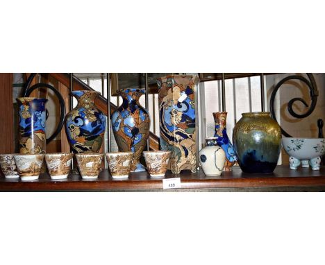 Art Deco Bursley Ware vases by Frederick Rhead, Japanese Studio pottery vase and other china (one shelf) 