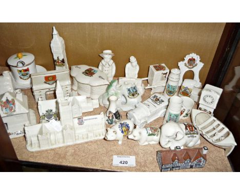 Collection of crested china, inc. Willow Art Worcester Cathedral, Goss Shakespeare's House, a sedan chair, a WW1 car and othe