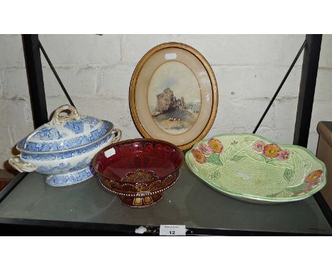 Royal Worcester tureen oval watercolour of ruins, Bohemian ruby glass bowl and a Melbaware dish 