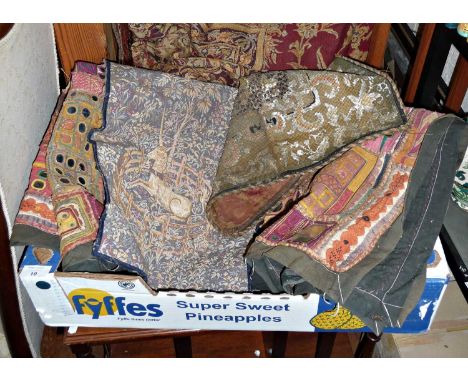 Victorian beadwork cushion cover, Indian embroidered fabric panel with mirror inserts, large tapestry woven bedspread etc 