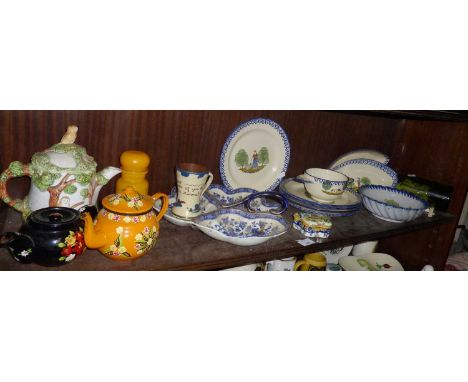 Quimper pottery plates, dishes and bowls, a Rouen tin glazed lidded pot and other items