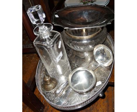 Silver-plated tray, tazza, ladle, cake slice, glass decanter etc.