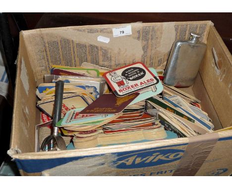 Brewery advertising: Collection of old beer mats and a hip flask