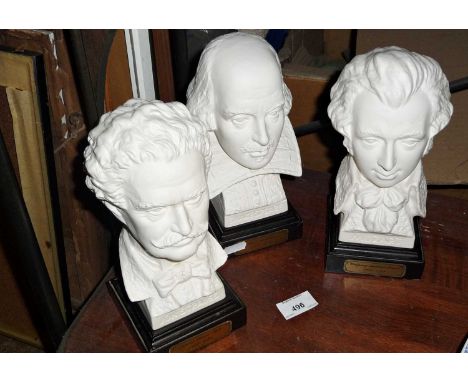 Three Goebel Parian busts of William Shakespeare, Johann Strauss and Wolfgang Amadeus Mozart, approx 24cm 