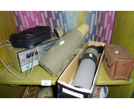 Opticron sighting telescope, box camera, military type flask and an electric alarm clock