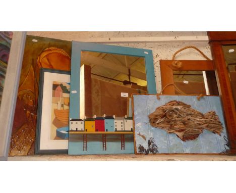 A Surrealistic impasto oil on board, indistinctly signed, a colourful lithograph of boats and a contemporary wall mirror, wit