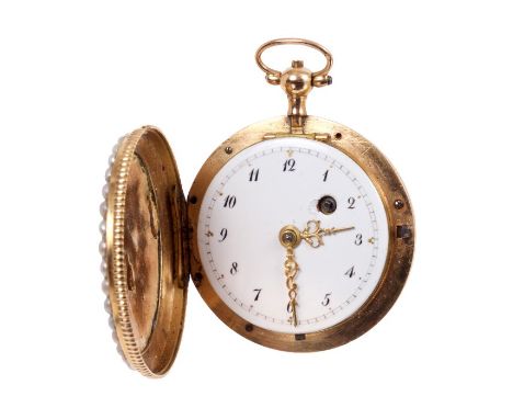 Early 19th century Swiss gold and enamel fob watch the fusee movement with verge escapement, circular white enamel dial in go
