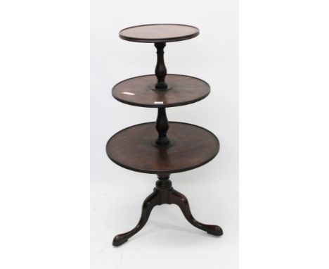 George III mahogany dumb waiter, having three circular dished graduated tiers, on turned column and tripod cabriole legs, 111