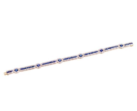 Good quality Edwardian-style sapphire and diamond bracelet with six oval mixed cut blue sapphires alternating with articulate