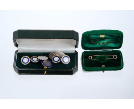 Two pairs of good quality silver and guilloche enamel cufflinks, together with a 9ct rose gold safety pin, boxed
