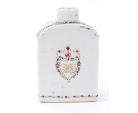 Late 18th century Chinese export porcelain tea caddy of small proportions, with polychrome painted shield with monogram, 8cm 