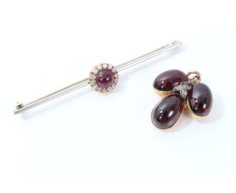 Victorian cabochon garnet and diamond cluster bar brooch, together with a Victorian cabochon garnet and diamond trefoil penda
