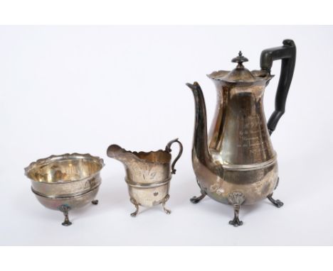 1920s silver three piece coffee set - comprising coffee pot of baluster form, with engraved presentation inscription, central