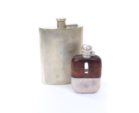 1930s silver plated spirit flask with engine-turned decoration and hinged bayonet fitting cover, together with another small 