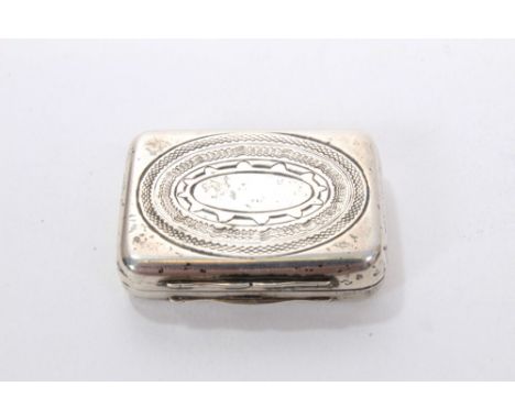 Late 18th / early 19th century white metal vinaigrette of rectangular form, with engine-turned decoration, hinged cover, open