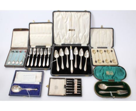 Selection of cased silver flatware - including six pastry forks (Birmingham 1931), set of six cherry picks (Birmingham 1933),