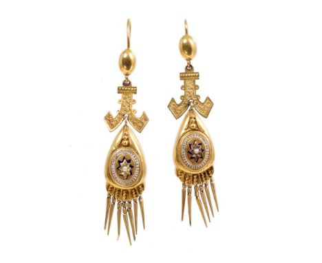 Pair Victorian yellow metal and enamel Etruscan Revival pendant earrings, each with a seed pearl and enamel star design and a