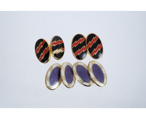 Twio pairs of 9ct gold and enamel oval cufflinks CONDITION REPORT Purple and cream enamel cufflinks are in vgc, sponsor's mar