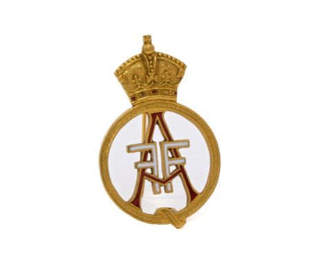 Edwardian gilt metal and enamel crowned Royal cipher badge with AFF monogram and pin backing, by Spink &amp; Son, 4cm