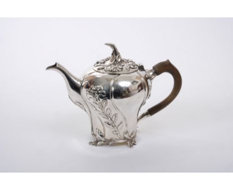 Victorian silver bachelor teapot of inverted baluster form, with wrythen bands of floral decoration, fruitwood loop handle, f