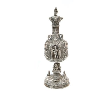 Unusual 19th century white metal flask of baluster form, with embossed scrolling decoration against a punched background and 