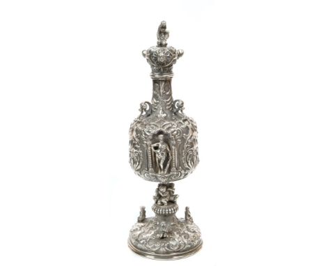 Unusual 19th century white metal flask of baluster form, with embossed scrolling decoration against a punched background and 