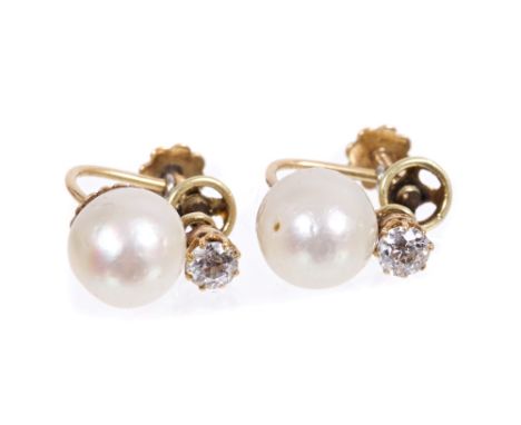 Pair cultured pearl and diamond earrings, each with a cultured pearl (not tested for natural origin), measuring approximately