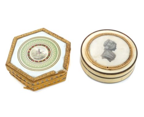 18th century French circular ivory, tortoiseshell and yellow metal snuff box painted with silhouette of Marie Antoinette, 8.5