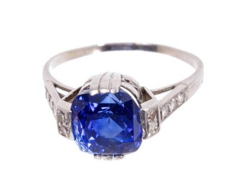 Fine Art Deco natural sapphire and diamond ring, the square cushion cut transparent blue sapphire measuring approximately 8 -