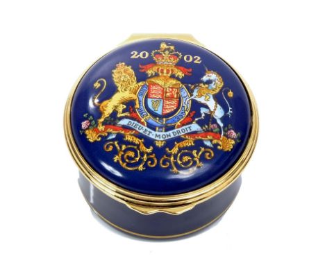 HM Queen Elizabeth II - presentation Halcyon Days enamel box with Royal Coat of Arms and 2002 to lid and inside 'The Golden J