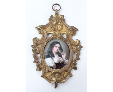 19th century Continental enamelled portrait miniature, oval bust-length portrait depicting a young woman with black veil, hol