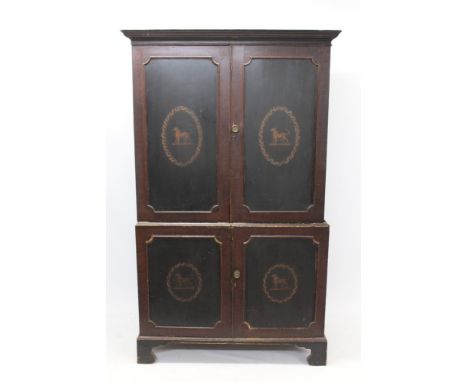 George III polychrome painted linen press with moulded cornice and enclosed above by pair of cupboard doors painted with hera