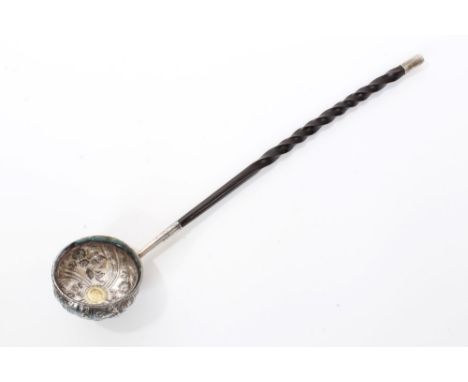 Georgian silver toddy ladle with circular bowl and embossed floral and scroll decoration and inset silver gilt coin, twisted 