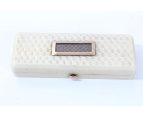 Early 19th century ivory patch box with basket-weave carved decoration, hinged cover with inset plaited hair, with gold colou