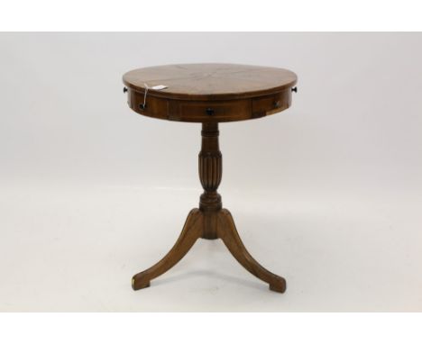 Unusual 19th century and later walnut crossbanded revolving drum table, radially veneered top with central stellar inlay and 