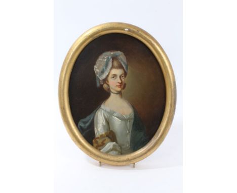 Attributed to Joseph Wright (1756 - 1793), oil on oval panel - portrait of Ann Patching, 1770, in gilt frame, 29cm x 22.5cm