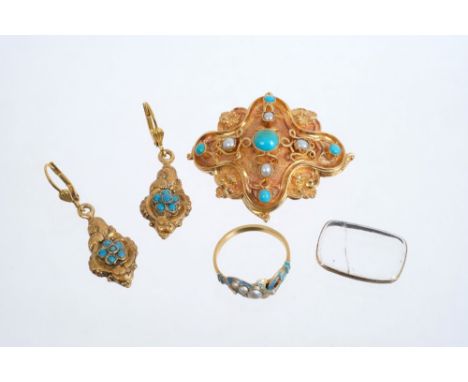 Early Victorian gold turquoise and see pearl brooch of quatrefoil design together with a similar ring and a pair of costume e