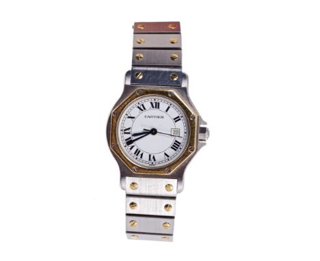 Ladies' Cartier Octagonal Santos Automatic bi-metal wristwatch, the circular white dial with black enamel Roman numerals and 
