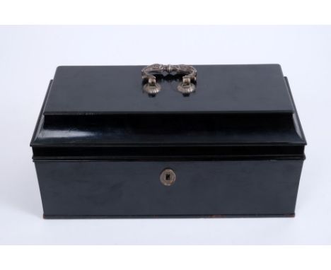 Victorian ebonised caddy by W. Leuchars &amp; Son, 38, 39 Piccadilly, the hinged cover with silver swing handle, stamped to l