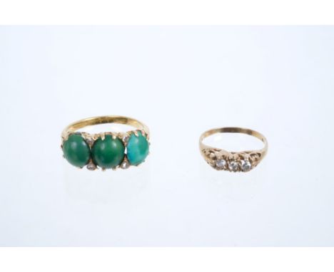 Victorian turquoise three-stone ring with rose cut diamond accents to the claws.  Size K and one other ring (2)