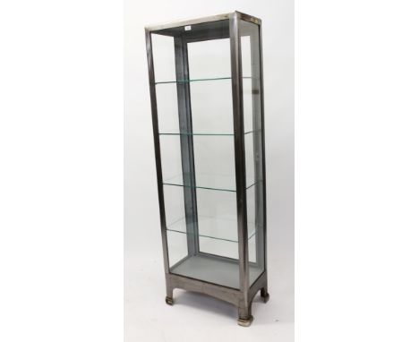 1940s polished steel medical cabinet with four glass shelves with glazed sides, on bracket feet, 59cm wide x 40cm deep x 179c