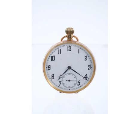 Gentlemen's 9ct gold open face keyless pocket watch with white enamel dial and Arabic numerals, 47mm diameter