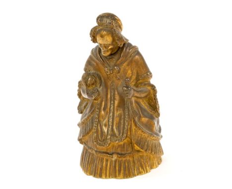 Fine late 19th / early 20th century ormolu table bell, by Elkington &amp; Co., modelled as Old Mother Hubbard, holding a stic