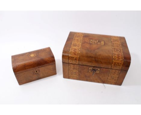 Victorian walnut and parquetry toiletry box, the domed hinged top centred by Tunbridge ware floral inlaid tablet, the fabric 