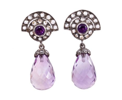 Pair Art Deco style amethyst and diamond earrings each with a briolette cut amethyst drop suspended from an amethyst and rose