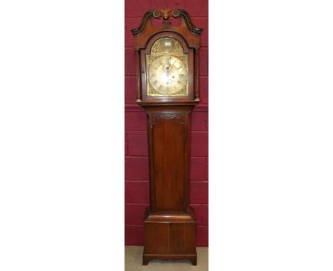 Late 18th / 19th century Scottish longcase clock with eight day movement, 12 inch brass break arch dial with scroll and folia