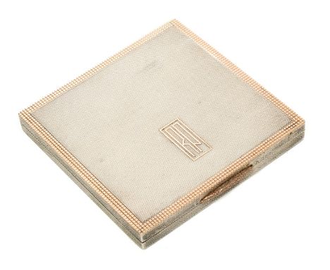 1940s Art Deco-style silver cigarette case of square form, with engine-turned decoration, gold borders, gold thumb piece and 