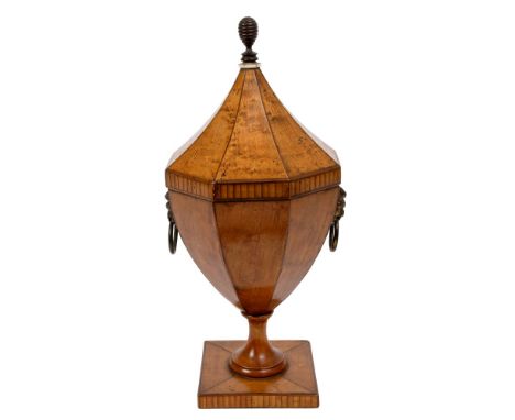 Fine George III inlaid satinwood tea caddy of faceted urn form, with conical form lid with turned hardwood and ivory knop, gi