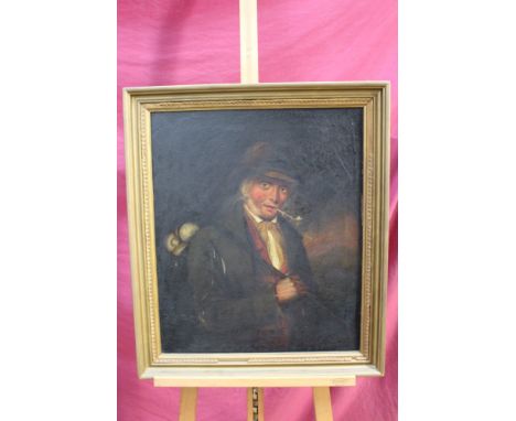 After George Morland (1867-1935) oil on canvas - portrait of a man smoking a clay pipe, in gilt frame, 60cm x 50cm 